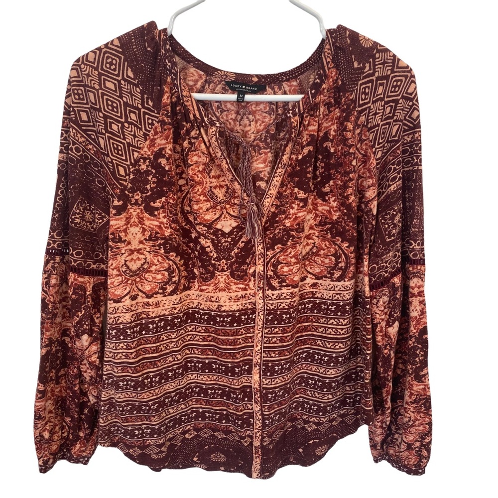 Lucky Brand Women’s Long Sleeve Top Size M, Burgundy/Peach multi